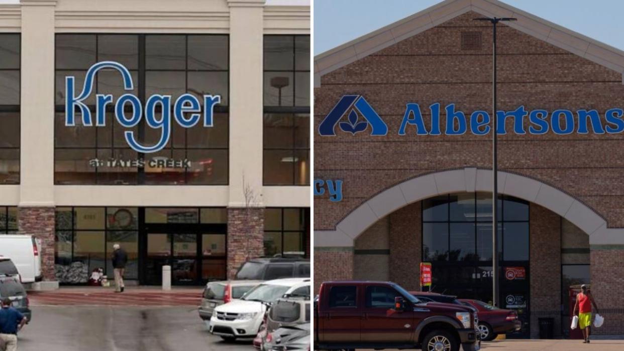 A split image of Kroger and Albertsons storefronts