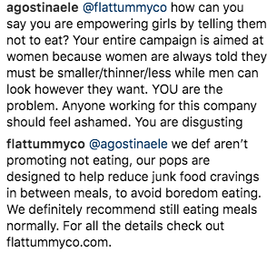 A screen capture of Flat Tummy Co. responding to an angry commenter on their Instagram post. (Photo: Flat Tummy Co. via Instagram)