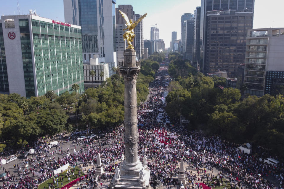 Supporters of Mexican President Andres Manuel Lopez Obrador march in Mexico City, Sunday, Nov. 27, 2022. (AP Photo/Eduardo Verdugo)