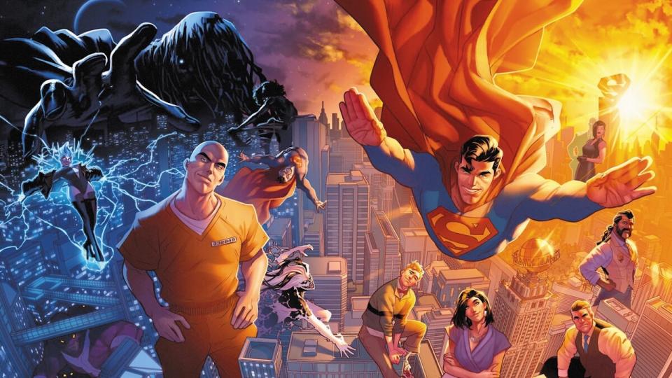 Superman and his cast of supporting characters on banner artwork for Dawn of DC's Superman #1