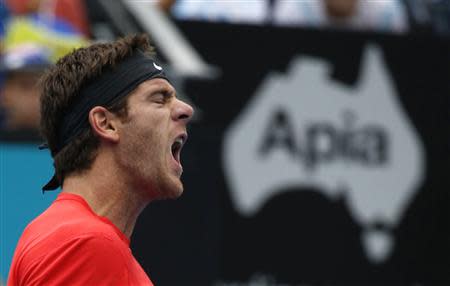 Juan Martin Del Potro of Argentina shouts during his second round men's singles match against Nicolas Mahut of France at the Sydney International tennis tournament in Sydney, January 8, 2014. REUTERS/Jason Reed