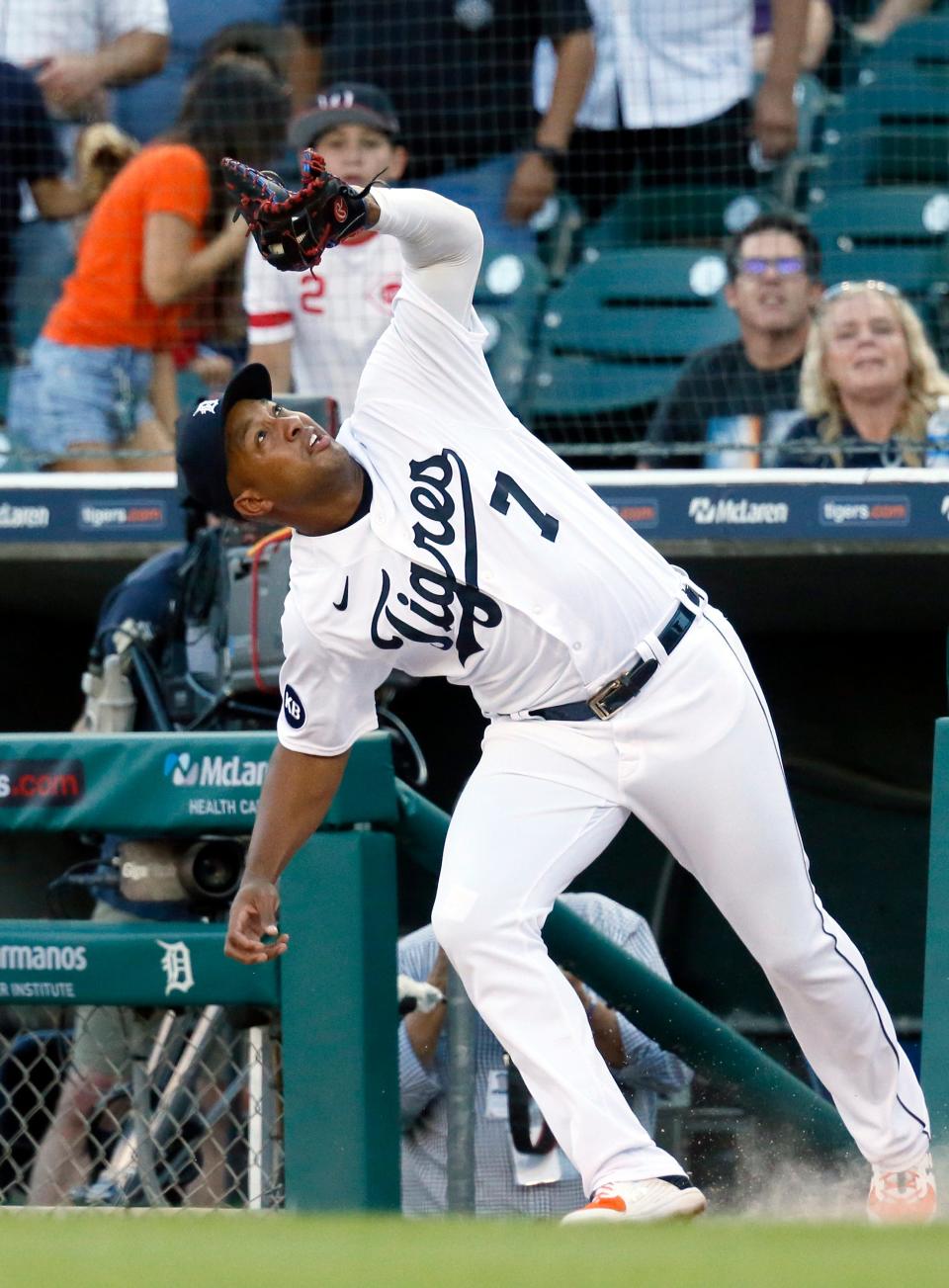 First baseman Jonathan Schoop of the Detroit Tigers catches a foul fly ball hit by Mike Trout of the Los Angeles Angels during the first inning at Comerica Park in Detroit on Friday, Aug. 19, 2022.