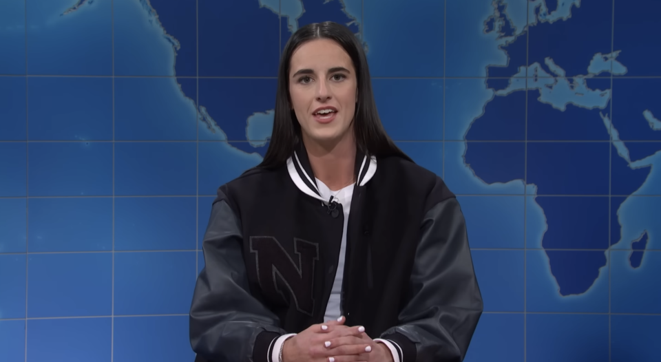 Closeup of Caitlin Clark on "SNL"