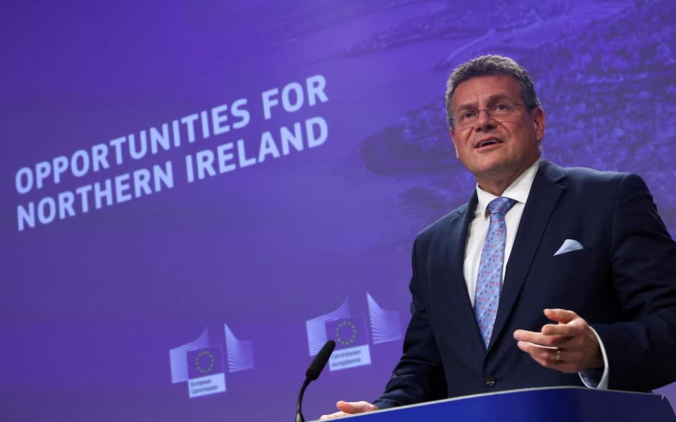 European Commission Vice President Maros Sefcovic addresses a news conference on a package of measures designed to ease the flow of goods from Britain to Northern Ireland - Yves Herman/Reuters