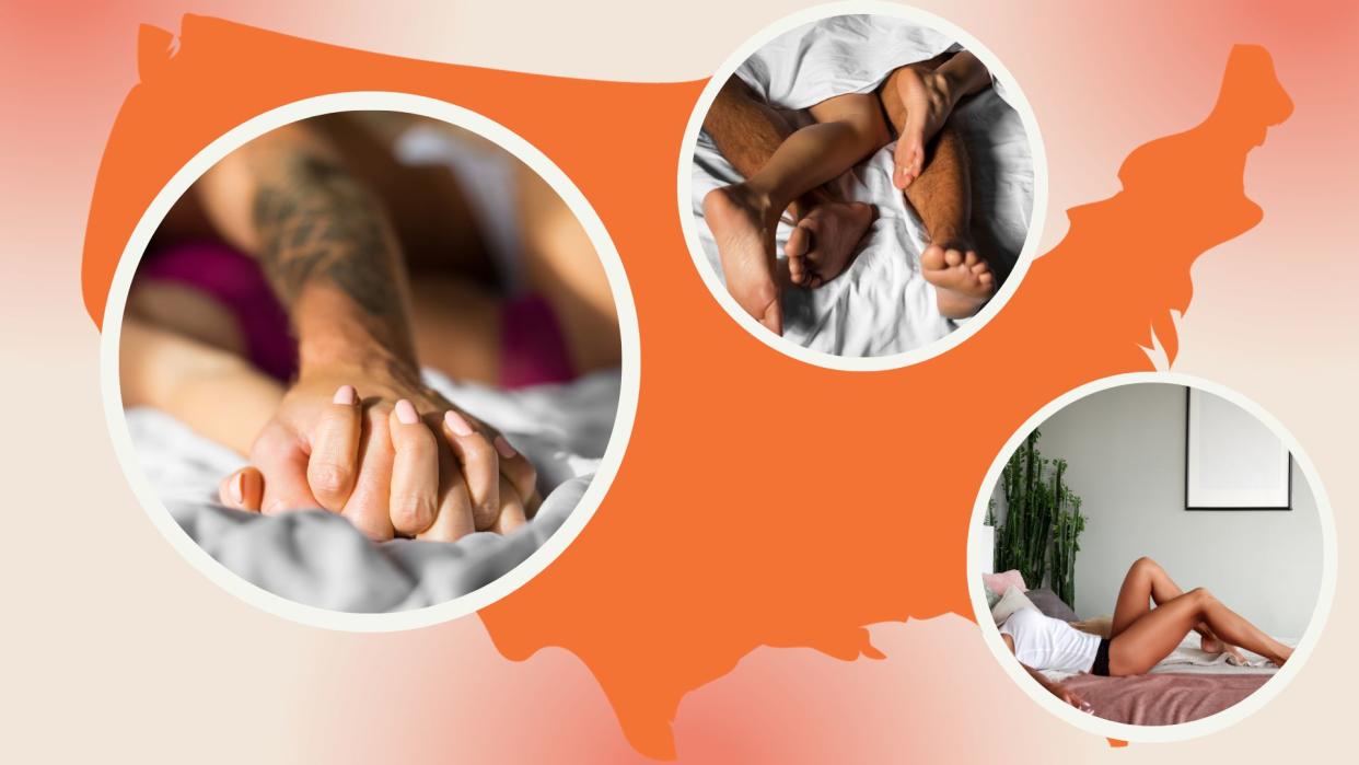  What is the most popular sex position in each state? Pictured: various sex scenes like couples holding hands in bed on a graphic of the USA. 