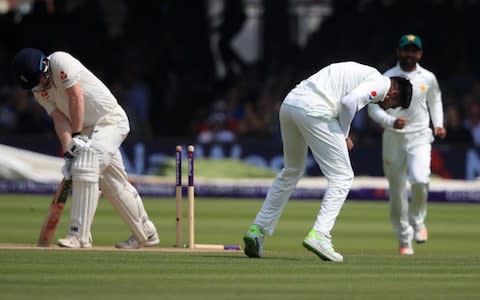 Mohamed Amir celebrates the wicket of Dom Bess - Credit: pa