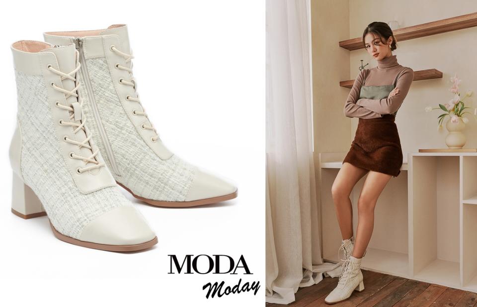 秋冬美腿靴子推薦��短靴 MODA MODAY 優雅復古感拼接毛呢布方頭高跟短靴，精選質感超纖拼接毛呢布面料製成，鞋面微抓皺悄悄增添視覺層次美感（圖片來源/Yahoo奇摩購物中心賣場圖）