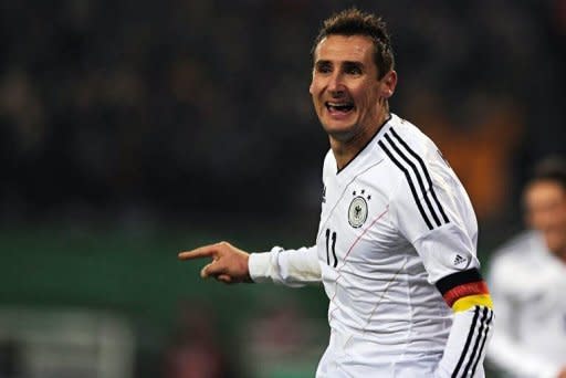 Germany's striker Miroslav Klose celebrates during the friendly match of Germany vs the Netherlands in preparation for the Euro 2012 in Hamburg, northern Germany. Germany won 3-0