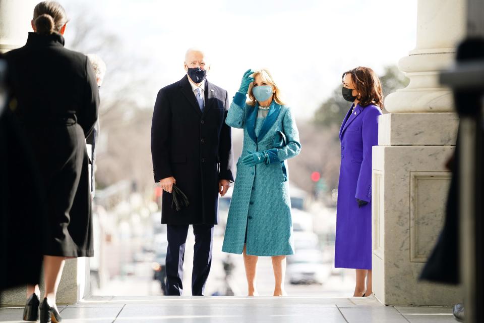 President-elect Joe Biden and  Jill Biden with Vice President-elect Kamala Harris arrive at the East Front of the U.S. Capitol for his inauguration ceremony to be the 46th President of the United States in Washington, D.C., on January 20, 2021.