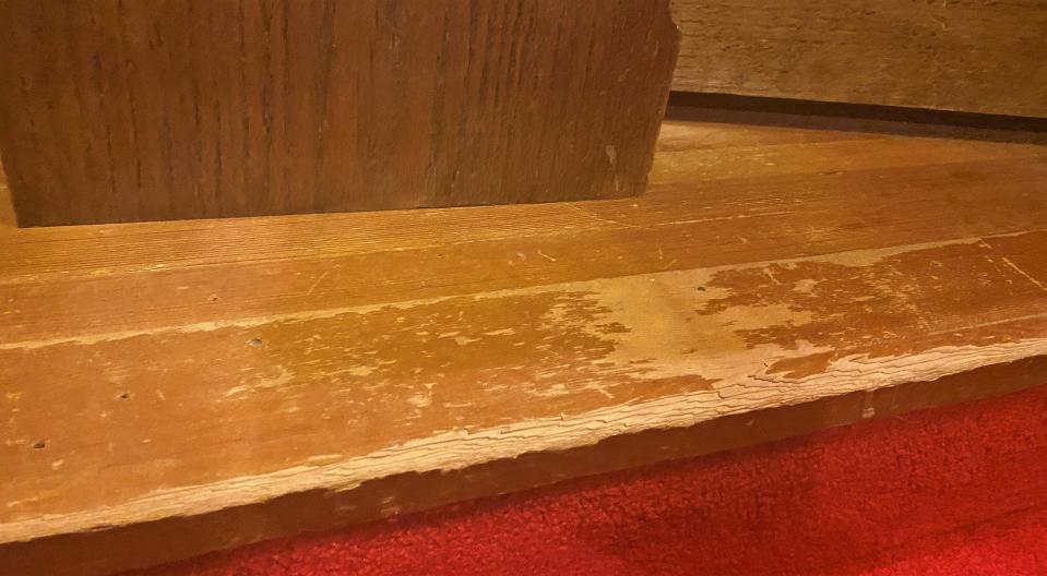 The wooden step leading to the organ at Bethel Lutheran Church is worn from years of use, including 51 years by Addie Haterius, the grandmother of current organist Suzanne Haterius Fusaro.