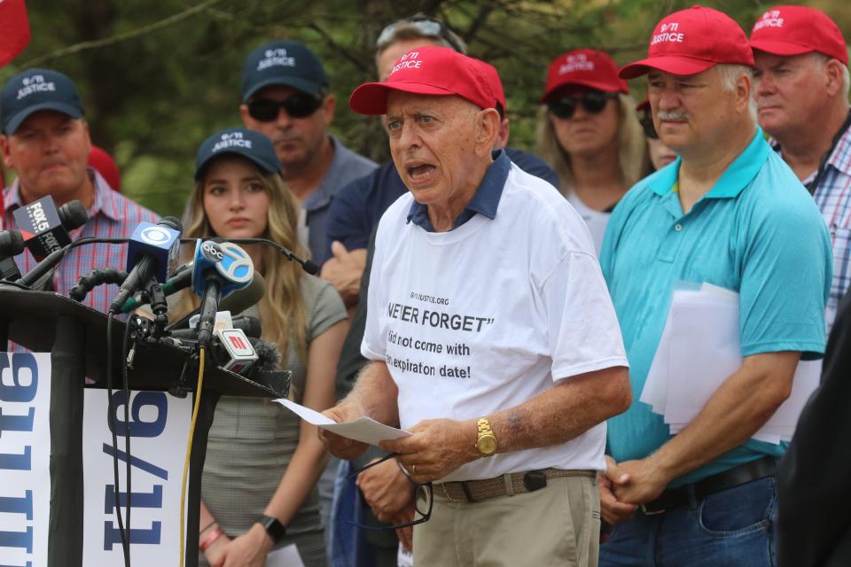 Anthony Sellitto addresses the media concerning Saudi involvement in 9/11. He lost his cousin’s son in the attacks in 2001. Members and supporters of 9/11 Justice.org held a gathering outside the Clarence Dillon Library in Bedminster to address the media concerning their opposition to Saudi support for the LIV Golf Tournament being held at Trump National in Bedminster, NJ on July 29, 2022.