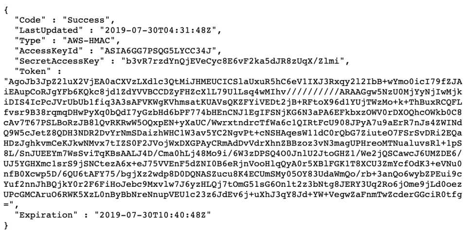 An example of the "magic IP" address revealing the access and secret keys to a given AWS account. Provided by Scott Piper.