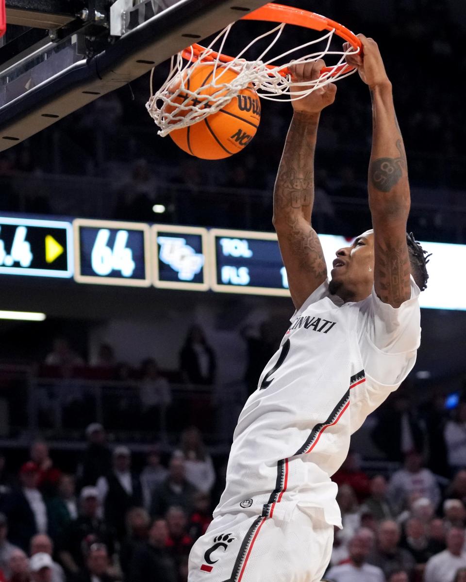 Cincinnati Bearcats guard Landers Nolley II, shown dunking against UCF Feb. 4, paced UC with 26 points and 8 rebounds against Tulane Tuesday.