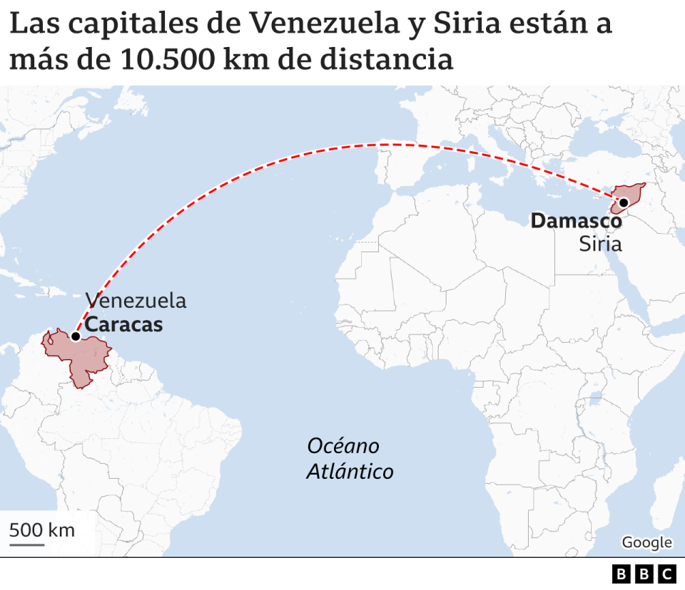 Mapa que muestra la distancia desde Venezuela a Siria