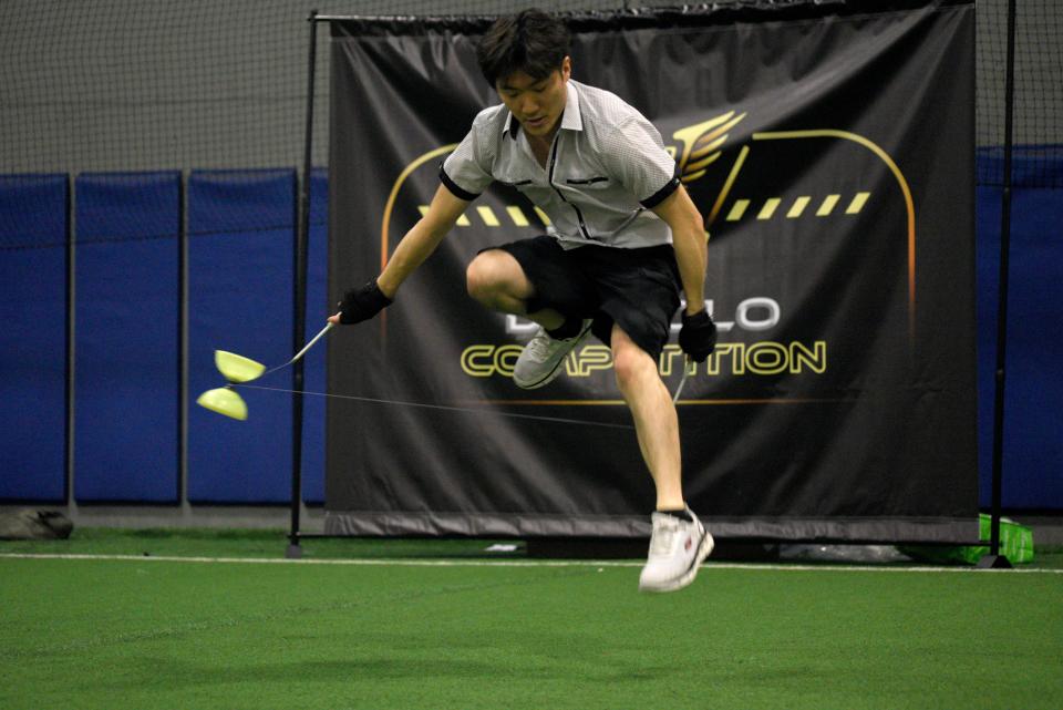 Luke So jump ropes with a diabolo twirling on his string during the over 18 individual competition on Sunday, August 6, 2023 at The Fields Sports Complex in East Brunswick, New Jersey. 