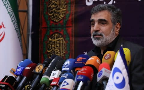 Behrouz Kamalvandi speaking during a press conference in the capital Tehran - Credit: AFP