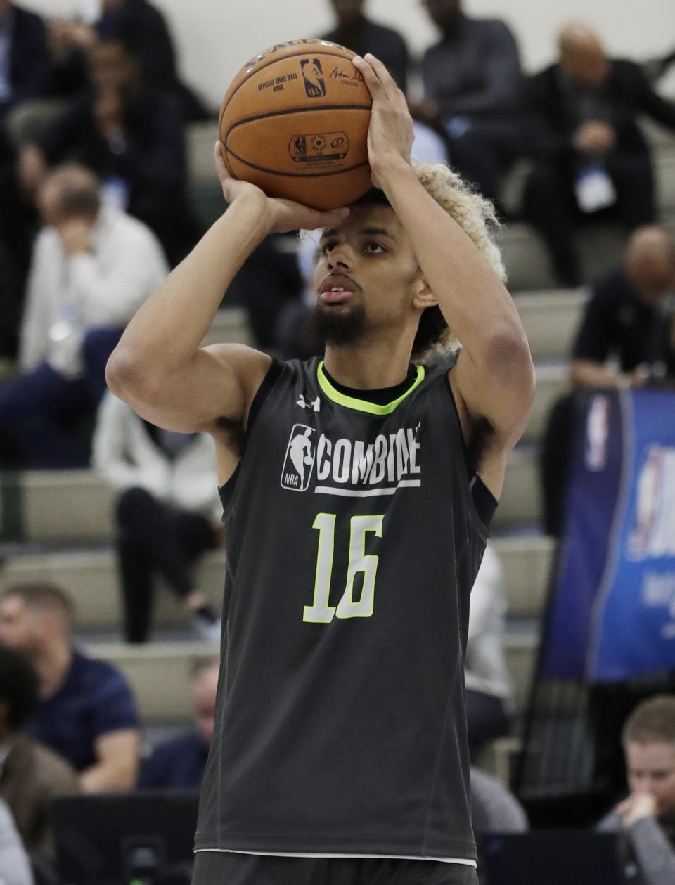 Brian Bowen shoots during the second day of the NBA draft basketball combine in Chicago, Friday, May 17, 2019. (AP Photo/Nam Y. Huh)