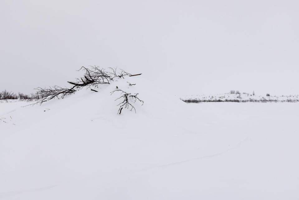 A snow-covered beaver lodge is seen on April 7, 2022, in the Selawik National Wildlife Refuge. (Photo by Lisa Hupp/U.S. Fish and Wildlife Service)