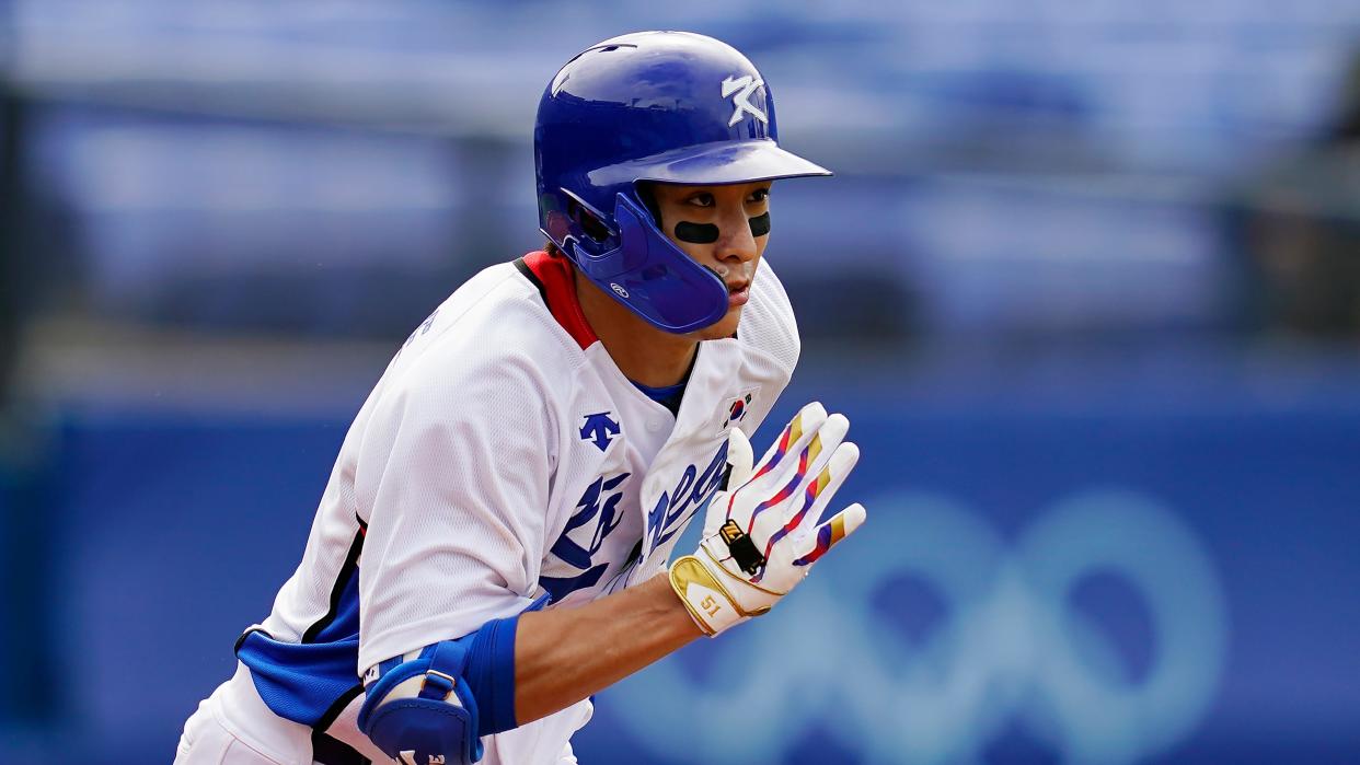 South Korea's Jung Hoo Lee plays during a baseball game at Yokohama Baseball Stadium during the 2020 Summer Olympics, Monday, Aug. 2, 2021, in Yokohama, Japan.