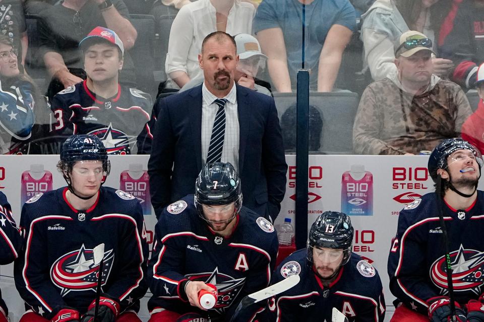 Columbus Blue Jackets head coach Brad Larsen watches from the bench during the second period against the Buffalo Sabres at Nationwide Arena on April 14, 2023.