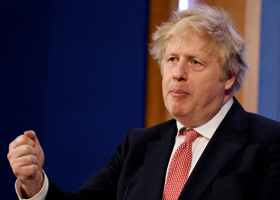 Prime Minister Boris Johnson during a media briefing in Downing Street, London, to outline the Government's new long-term Covid-19 plan. Picture date: Monday February 21, 2022.