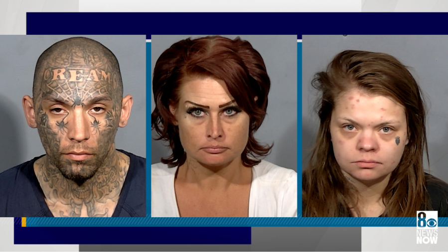 <em>On Thursday, April 25, Las Vegas Metro police arrested Mandy Wimberly, 27, (right) at the Regional Justice Center before a sentencing in an unrelated drug case, records said. Two other people: Stephanie Ward, 41 (center); and Daniel Christopher, 33, (left) also face charges connected to the overdose death of Alfred Davtyan, 41. (LVMPD/KLAS)</em>