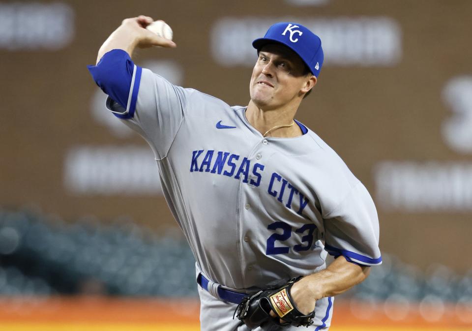 Kansas City Royals' Zack Greinke pitches against the Detroit Tigers during the second inning of a baseball game Tuesday, Sept. 26, 2023, in Detroit. (AP Photo/Duane Burleson)