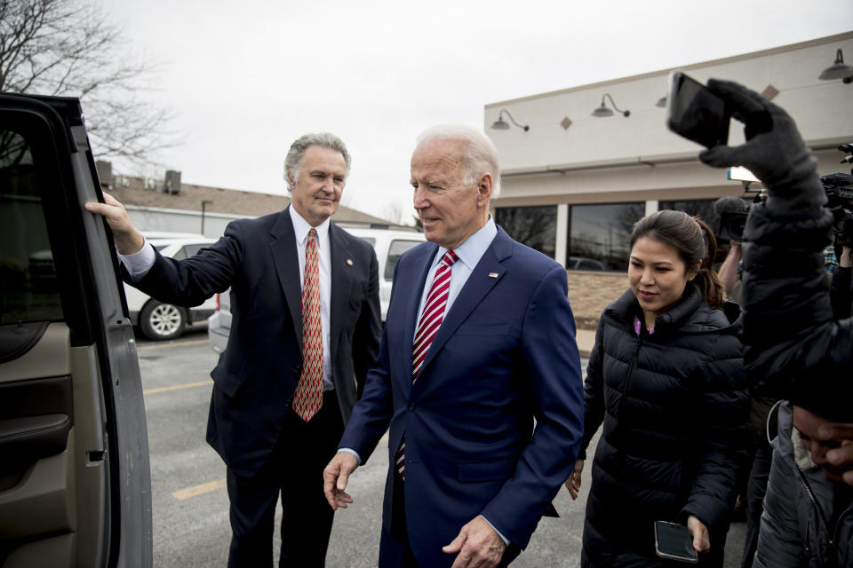 Democratic presidential candidate Joe Biden leaves after eating lunch at Ross' Restaurant, Monday, Jan. 6, 2020, in Bettendorf, Iowa. (AP Photo/Andrew Harnik)