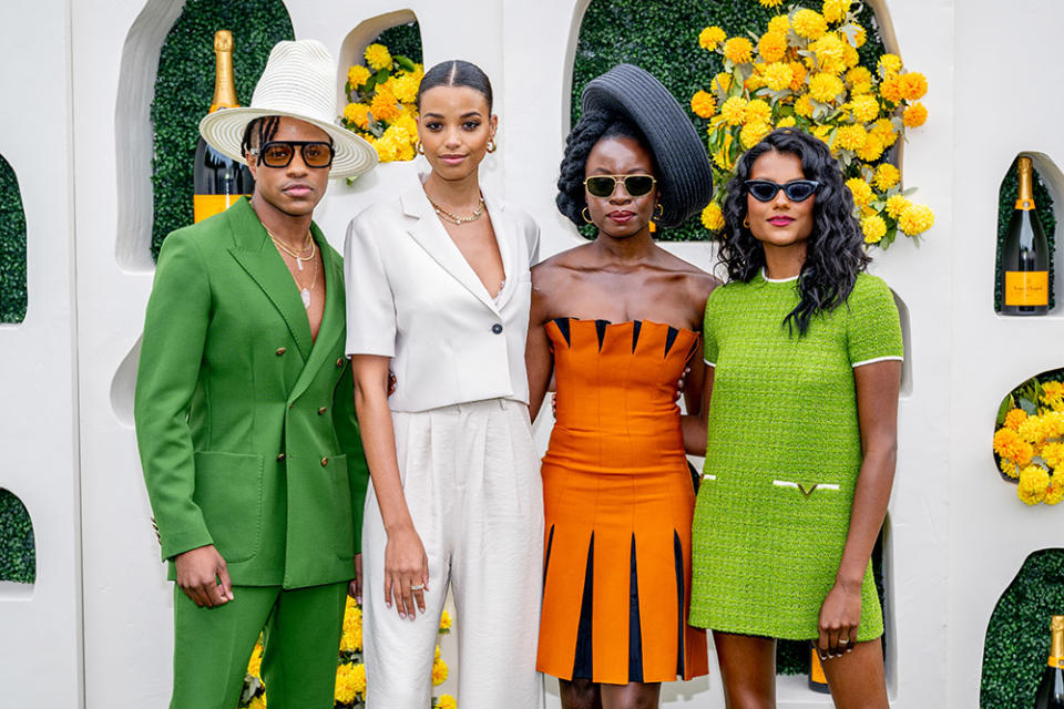 (L-R) Jeremy Pope, Ella Balinska, Danai Gurira and Simone Ashley attend the 2023 Veuve Clicquot Polo Classic at Liberty State Park on June 03, 2023 in Jersey City, New Jersey.