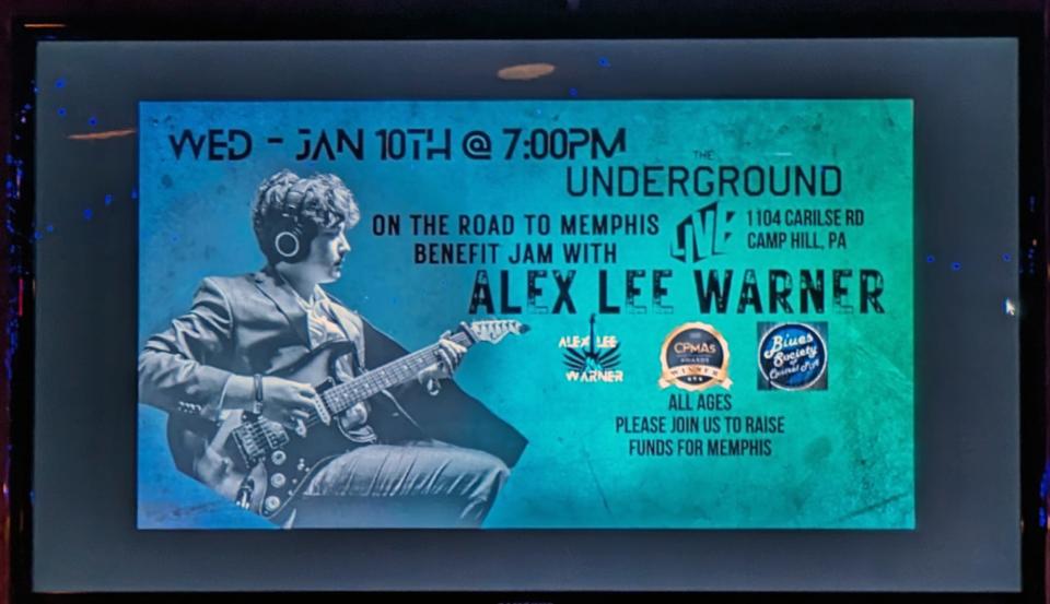 A promotion poster for Alex Lee Warner for his Road to Memphis Benefit Jam at The Underground Live in Camp Hill.