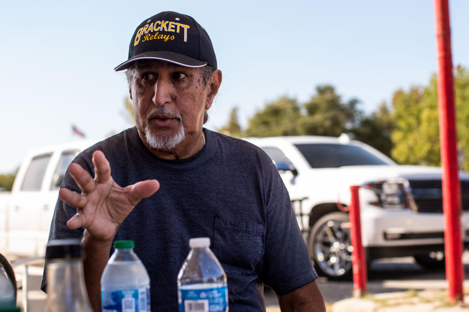 David Esparza talks about his experiences with Texas State Troopers at Darla’s Kitchen in Brackettville, Texas, on Aug. 10, 2022. (Kaylee Greenlee Beal for NBC News)