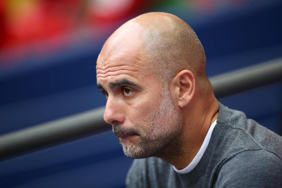 Pep Guardiola, Manager of Manchester City looks on prior to the FA Cup Final match between Manchester City and Watford at Wembley Stadium on May 18