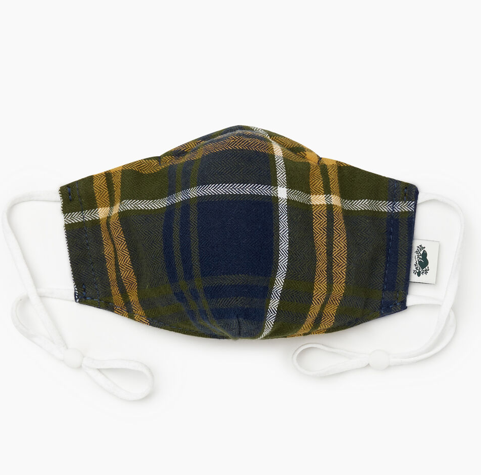 Plaid Reusable Face Mask in Navy Blazer. Image via Roots.