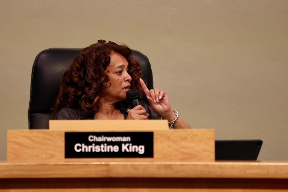 Commission Chairwoman Christine King tries to keep order during a special commission meeting at Miami City Hall on Monday, Dec. 11, 2023. King co-sponsored a pension proposal with Commissioner Miguel Angel Gabela.