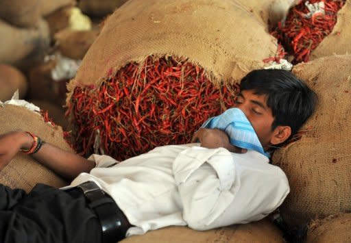 A worker takes a nap on sacks filled with red chillies at a market in Hyderabad. Indian economists forecast interest rate reduction despite latest official data showing inflation climbed in March to an unexpected 6.89% from a year earlier -- above market expectations of a 6.7% rise