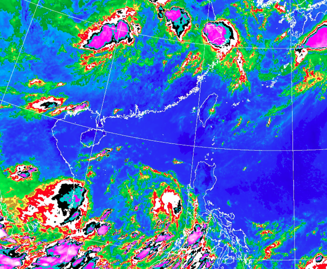 下周一、二南海西側有熱帶性低氣壓或颱風生成的機會。圖為今天台灣附近的衛星雲圖。（翻攝自氣象署）