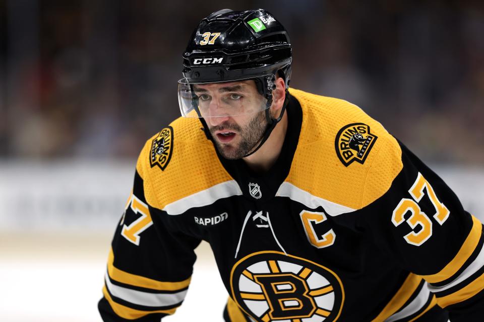 BOSTON, MASSACHUSETTS - APRIL 26: Patrice Bergeron #37 of the Boston Bruins looks on against the Florida Panthers during the first period in Game Five of the First Round of the 2023 Stanley Cup Playoffs at TD Garden on April 26, 2023 in Boston, Massachusetts. (Photo by Maddie Meyer/Getty Images)