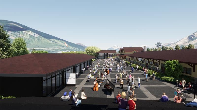 The area redevelopment plan for Banff's railway lands prepared by Liricon Capital Ltd. include a pedestrian plaza with shops and restaurants.  (Submitted by Liricon - image credit)