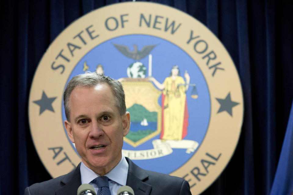 FILE - In this Feb. 11, 2016 file photo, New York Attorney General Eric Schneiderman speaks during a news conference in New York. Schneiderman used nearly $340,000 in cash donated to his scuttled re-election campaign to pay the high-powered Manhattan law firm that defended him after he resigned amid allegations that he abused several women, according to newly filed campaign finance records reviewed by The Associated Press. (AP Photo/Mary Altaffer, File)