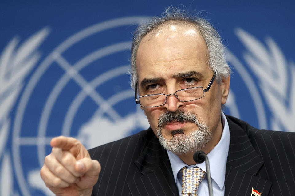 Syrian Ambassador to the United Nations, Bashar Ja'afari, speaks during a press conference during the Syrian peace talks in Montreux, Switzerland, Wednesday, Jan. 22, 2014. U.N. Secretary-General Ban Ki-moon opened the meeting saying that the peace talks will face "formidable" challenges for Syria. Ban called on the Syrian government and the opposition trying to overthrow it to negotiate in good faith.(AP Photo/KEYSTONE/Salvatore Di Nolfi)