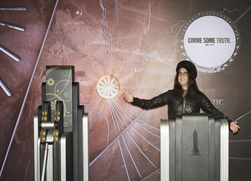 Sean Lennon stands with his arms out at the lighting ceremony of the Empire State building on Thursday Oct. 8, 2020, in New York City. (Photo by Matt Licari/Invision/AP)