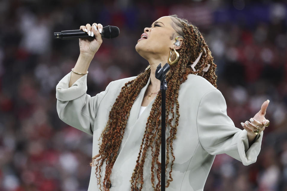 LAS VEGAS, NV – FEBRUARY 11: Andra Day performs Lift Every Voice and Sing prior to Super Bowl LVIII between the Kansas City Chiefs and the San Francisco 49ers at Allegiant Stadium on February 11, 2024 in Las Vegas, NV. (Photo by Perry Knotts/Getty Images)