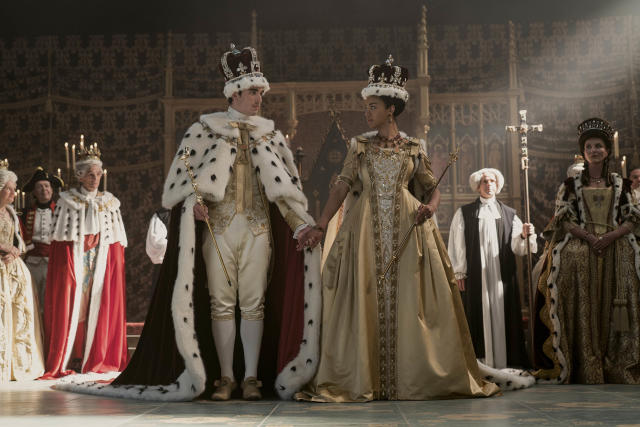 Queen Charlotte: A Bridgerton Story. (L to R) Corey Mylchreest as Young King George, India Amarteifio as Young Queen Charlotte, Michelle Fairley as Princess Augusta in episode 103 of Queen Charlotte: A Bridgerton Story. Cr. Liam Daniel/Netflix &#xa9; 2023 (  / Liam Daniel / NETFLIX)