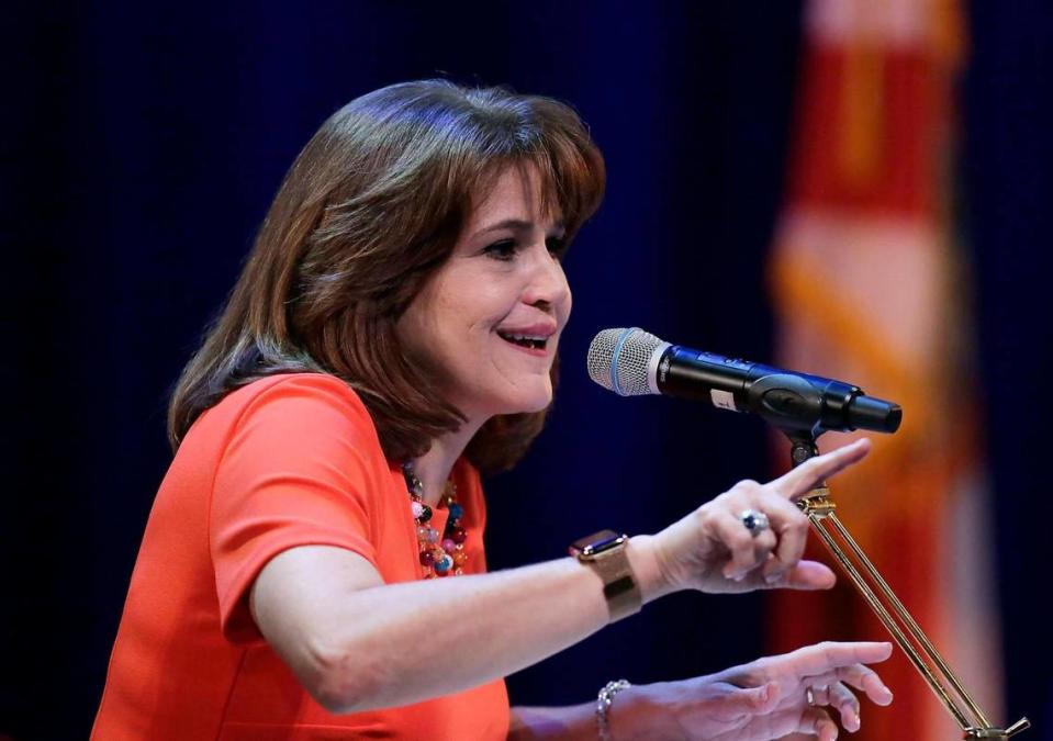 State Sen. Annette Taddeo speaks during the gubernatorial public forum hosted by the Miami-Dade Democratic Party on Saturday, May 28, 2022, at Julius Littman Performing Arts Theater in North Miami Beach.