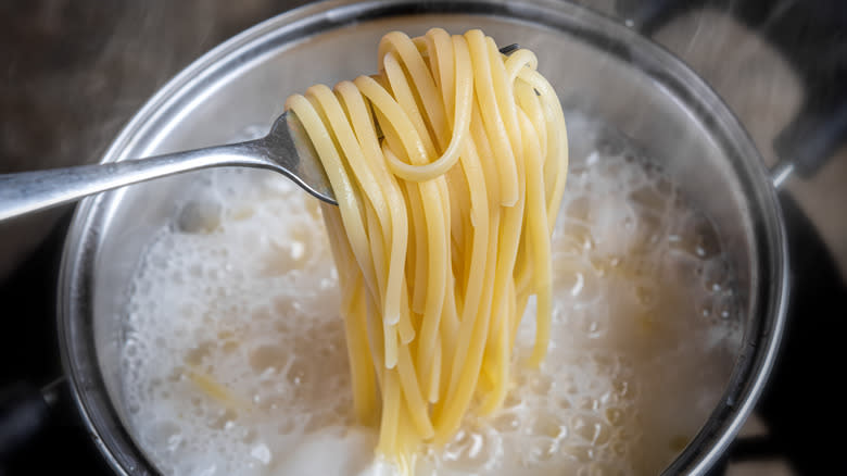 Pasta in boiling water pot