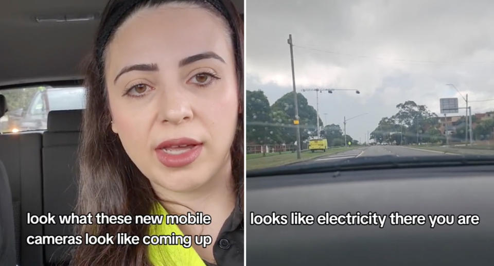 Woman sitting in car (left) and the portable mobile phone camera (right). 