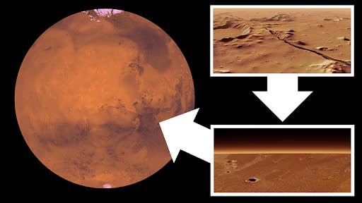  A red planet, mars, is seen on the left. a white box surrounds an image of mars' surface, with an arrow from the box to the planet. another box, with an arrow pointing to the first box, shows a closer view of the surface of mars. 