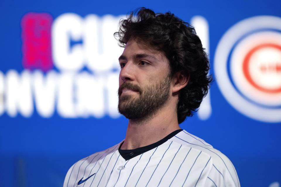 Chicago Cubs shortstop Dansby Swanson takes the stage on the opening day of the baseball team's fan convention Friday, Jan. 13, 2023, in Chicago. (AP Photo/Erin Hooley)