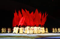 <p>Performers dance at the Geometrization: Arrival of The Arabs and the Orient during the Opening Ceremony of the Rio 2016 Olympic Games at Maracana Stadium. (Photo by Ezra Shaw/Getty Images) </p>