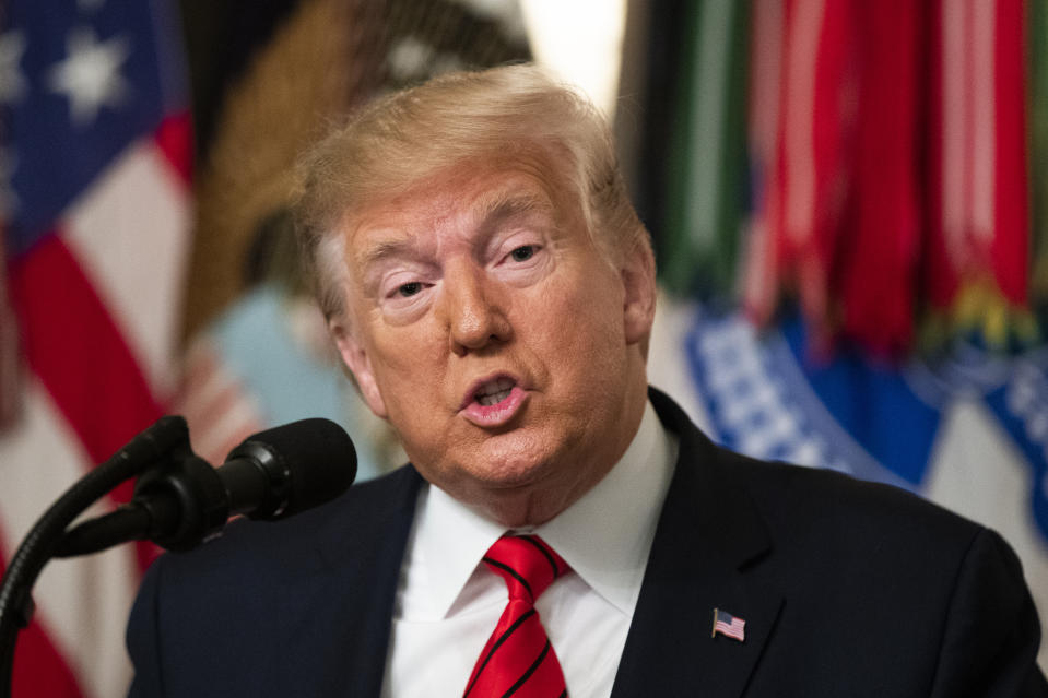 President Donald Trump speaks Sunday, Oct. 27, 2019 in the Diplomatic Room of the White House in Washington, announcing that Abu Bakr al-Baghdadi, the shadowy leader of the Islamic State group who presided over its global jihad and became arguably the world's most wanted man, is dead after being targeted by a U.S. military raid in Syria. (AP Photo/Manuel Balce Ceneta)